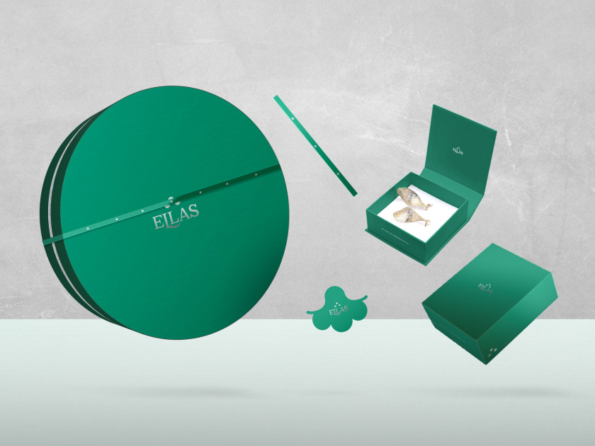 ELLAS珠寶品牌logo設(shè)計(jì)與品牌vi形象設(shè)計(jì)，三個(gè)花朵徽章