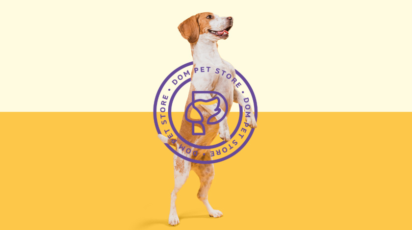 Dom Pet Store 寵物食品專賣店品牌logo設(shè)計vi設(shè)計，首字母+狗頭線條logo