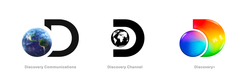 Discovery+探索電視節(jié)目頻道品牌logo設計，光譜色幾何D和一個圓的結合