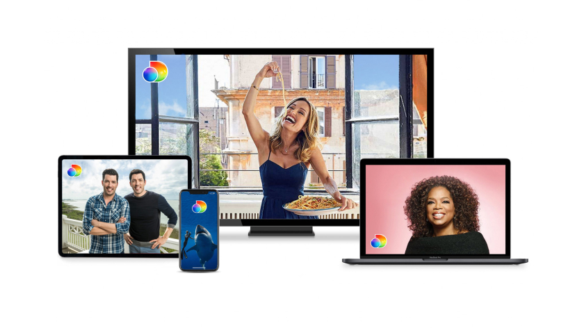 Discovery+探索電視節(jié)目頻道品牌logo設計，光譜色幾何D和一個圓的結合