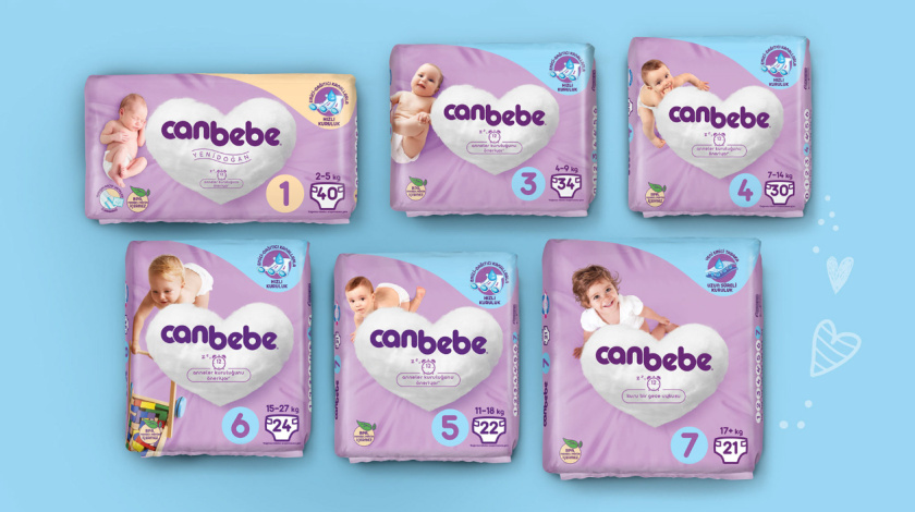 Canbebe 坎貝嬰兒尿布包裝設計，一團心形的棉花圖案+嬰兒照片