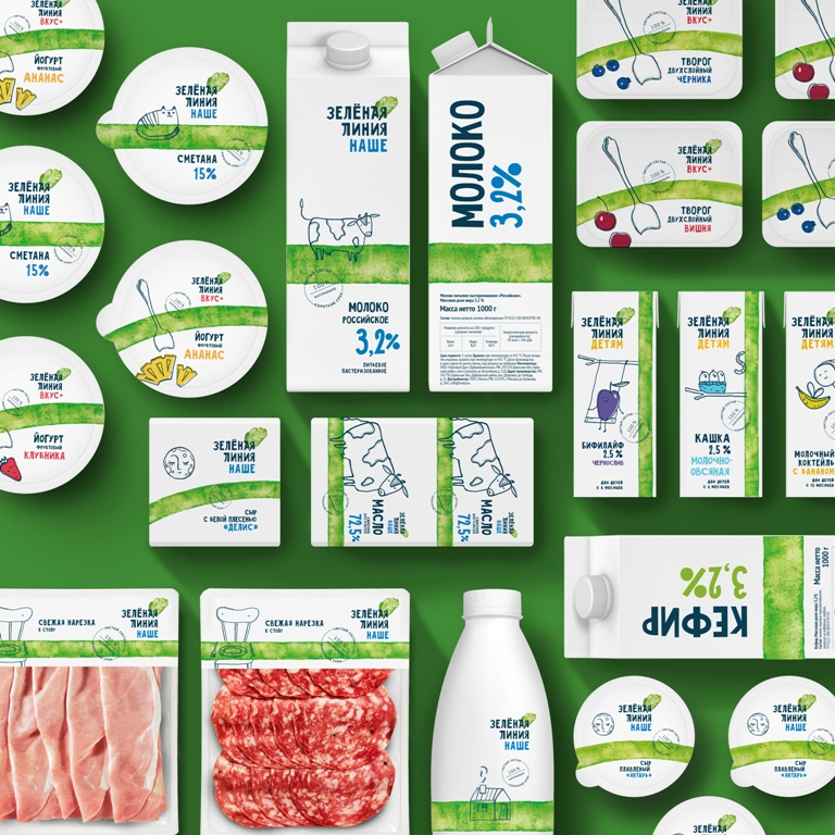 綠線食品乳制品鮮肉產(chǎn)品品牌包裝設(shè)計(jì)，手繪綠線超級(jí)視覺符號(hào)