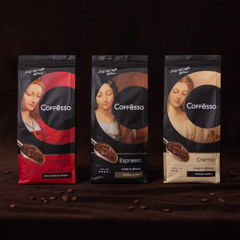 Coffesso速溶咖啡包裝設(shè)計(jì)，用字母C切出意大利文藝復(fù)興女性插圖圖像