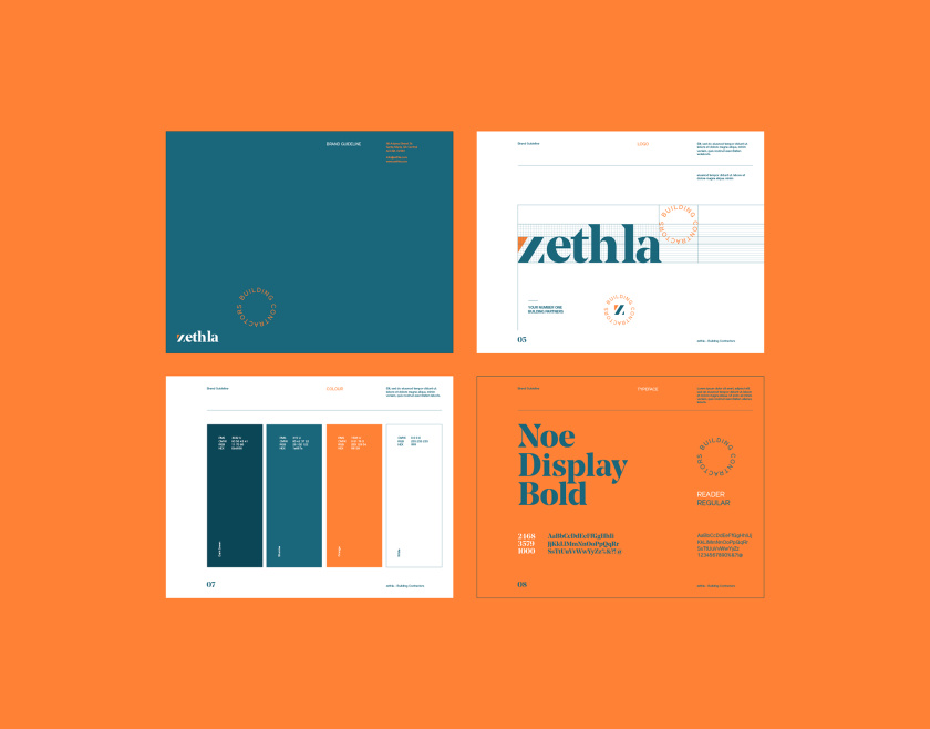 Zethla 建筑公司logo設(shè)計vi設(shè)計，正方形被斜切出字母Z+藍(lán)橙工業(yè)配色