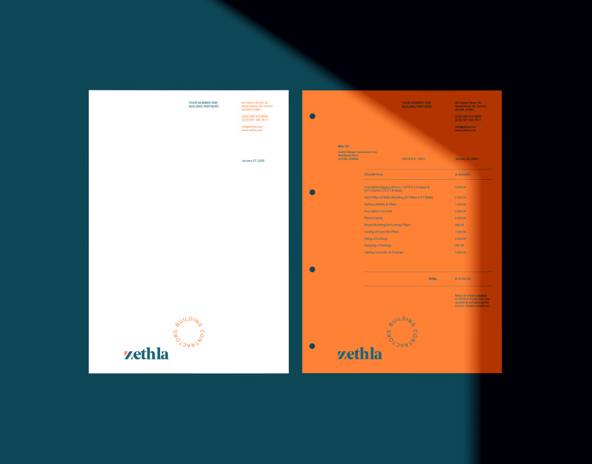 Zethla 建筑公司logo設(shè)計vi設(shè)計，正方形被斜切出字母Z+藍(lán)橙工業(yè)配色