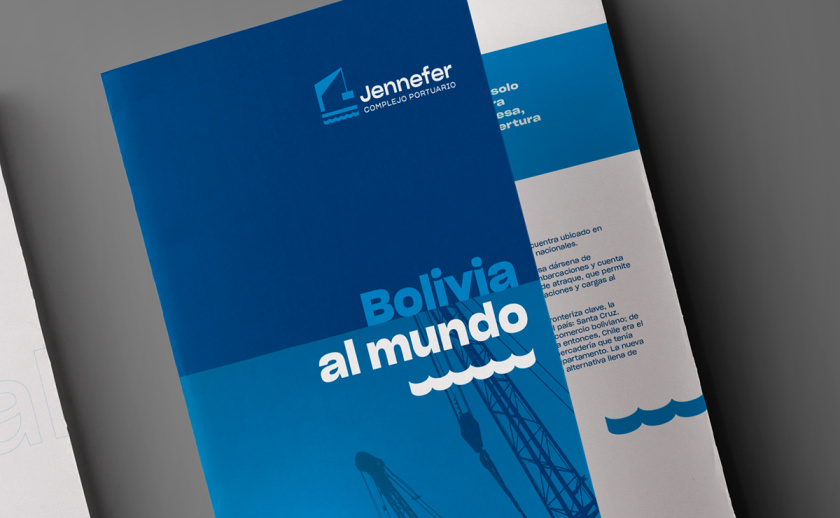 Jennefer國際港口品牌vi形象設計logo設計，大型起吊機元素與沉穩(wěn)活力藍色配色-宣傳冊設計