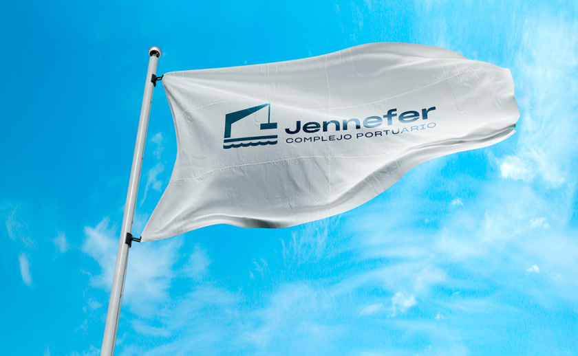 Jennefer國際港口品牌vi形象設計logo設計，大型起吊機元素與沉穩(wěn)活力藍色配色-企業(yè)旗幟設計