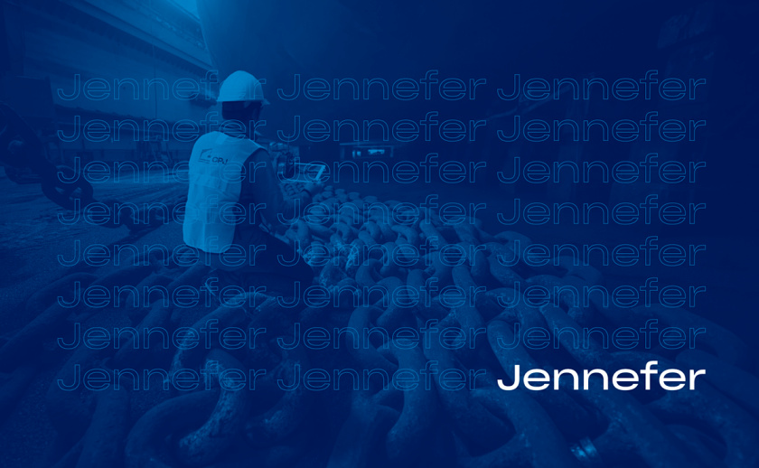 Jennefer國際港口品牌vi形象設計logo設計，大型起吊機元素與沉穩(wěn)活力藍色配色