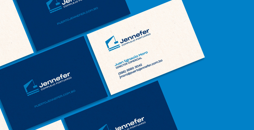 Jennefer國際港口品牌vi形象設計logo設計，大型起吊機元素與沉穩(wěn)活力藍色配色-名片設計