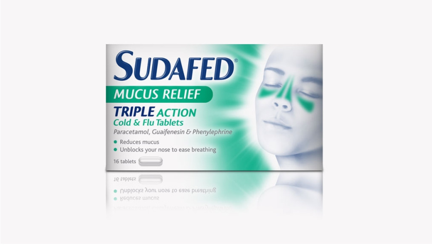 蘇達飛Sudafed 鼻子和鼻竇充血劑藥品包裝設(shè)計，標志性的臉部圖形表達癥狀緩解