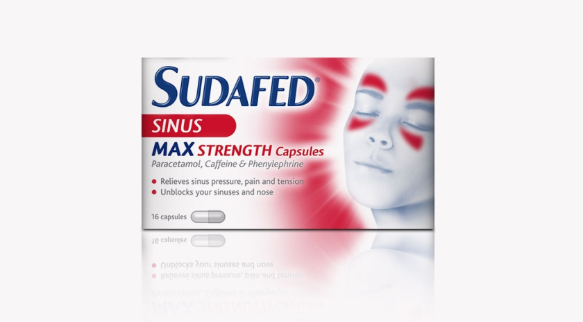 蘇達飛Sudafed 鼻子和鼻竇充血劑藥品包裝設(shè)計，標志性的臉部圖形表達癥狀緩解