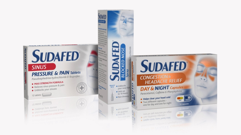 蘇達飛Sudafed 鼻子和鼻竇充血劑藥品包裝設(shè)計，標志性的臉部圖形表達癥狀緩解