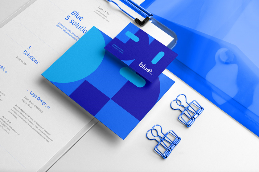 Blue 5 Solutions 科技公司企業(yè)品牌形象vi設(shè)計(jì),,幾何同色系藍(lán)色色塊輔助圖形