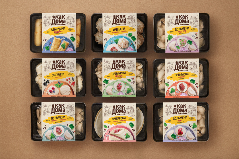 Kak Doma就像在家混沌餃子肉餡糕點冷凍保鮮烹飪食品包裝設計，手繪圖案+實物照片