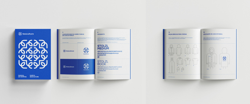 Seaculture 海水養(yǎng)殖海鮮品牌logo與vi識別設計，四個線條魚組合