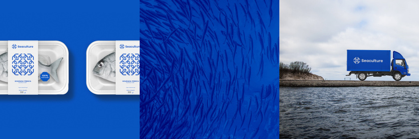 Seaculture 海水養(yǎng)殖海鮮品牌logo與vi識別設計，四個線條魚組合