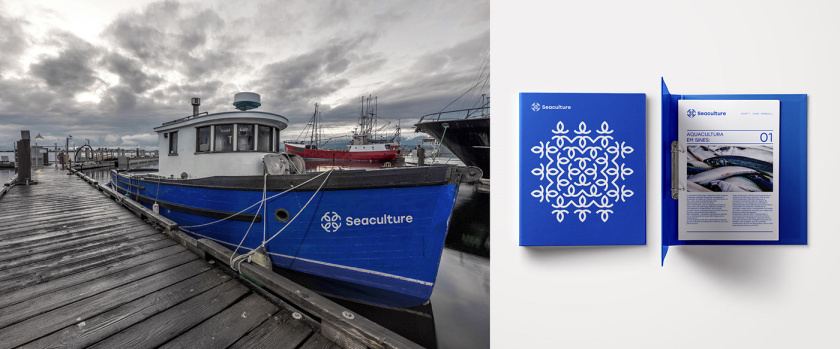 Seaculture 海水養(yǎng)殖海鮮品牌logo與vi識別設計，四個線條魚組合