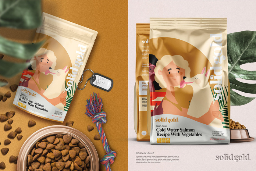 Solid Gold 純金狗糧包裝設(shè)計，寵物與主人的簡約扁平插畫風(fēng)格