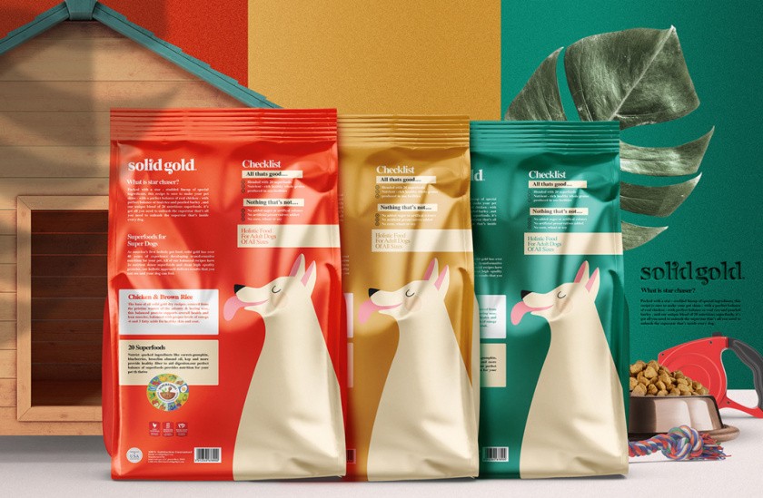 Solid Gold 純金狗糧包裝設(shè)計，寵物與主人的簡約扁平插畫風(fēng)格