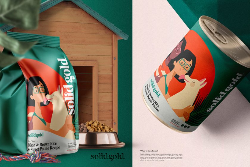 Solid Gold 純金狗糧包裝設(shè)計，寵物與主人的簡約扁平插畫風(fēng)格