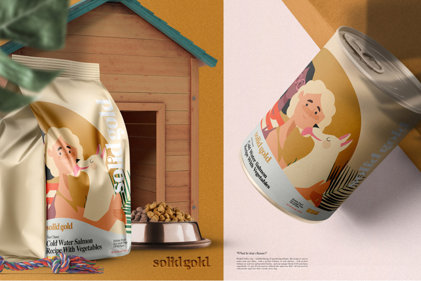 Solid Gold 純金狗糧包裝設(shè)計，寵物與主人的簡約扁平插畫風(fēng)格