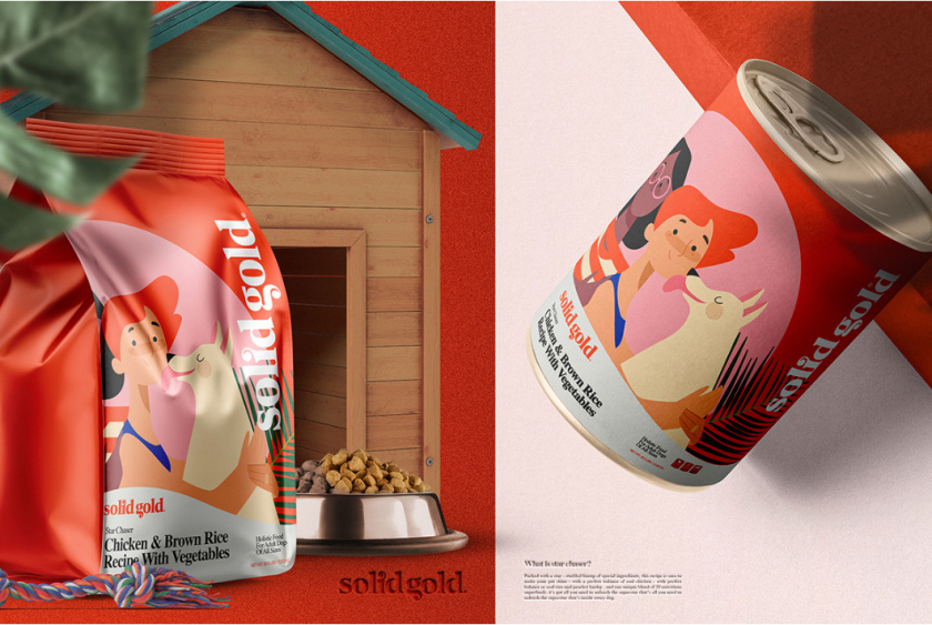 Solid Gold 純金狗糧包裝設(shè)計，寵物與主人的簡約扁平插畫風(fēng)格