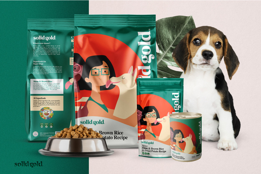 Solid Gold 純金狗糧包裝設(shè)計，寵物與主人的簡約扁平插畫風(fēng)格