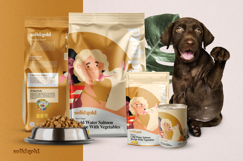 Solid Gold 純金狗糧包裝設(shè)計，寵物與主人的簡約扁平插畫風(fēng)格