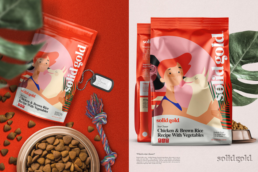 Solid Gold 純金狗糧包裝設(shè)計，寵物與主人的簡約扁平插畫風(fēng)格