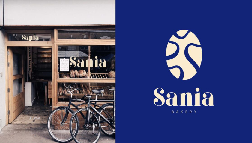 sania 烘培面包店logo設計品牌vi形象設計，寶藍色面包手繪線條輪廓圖案