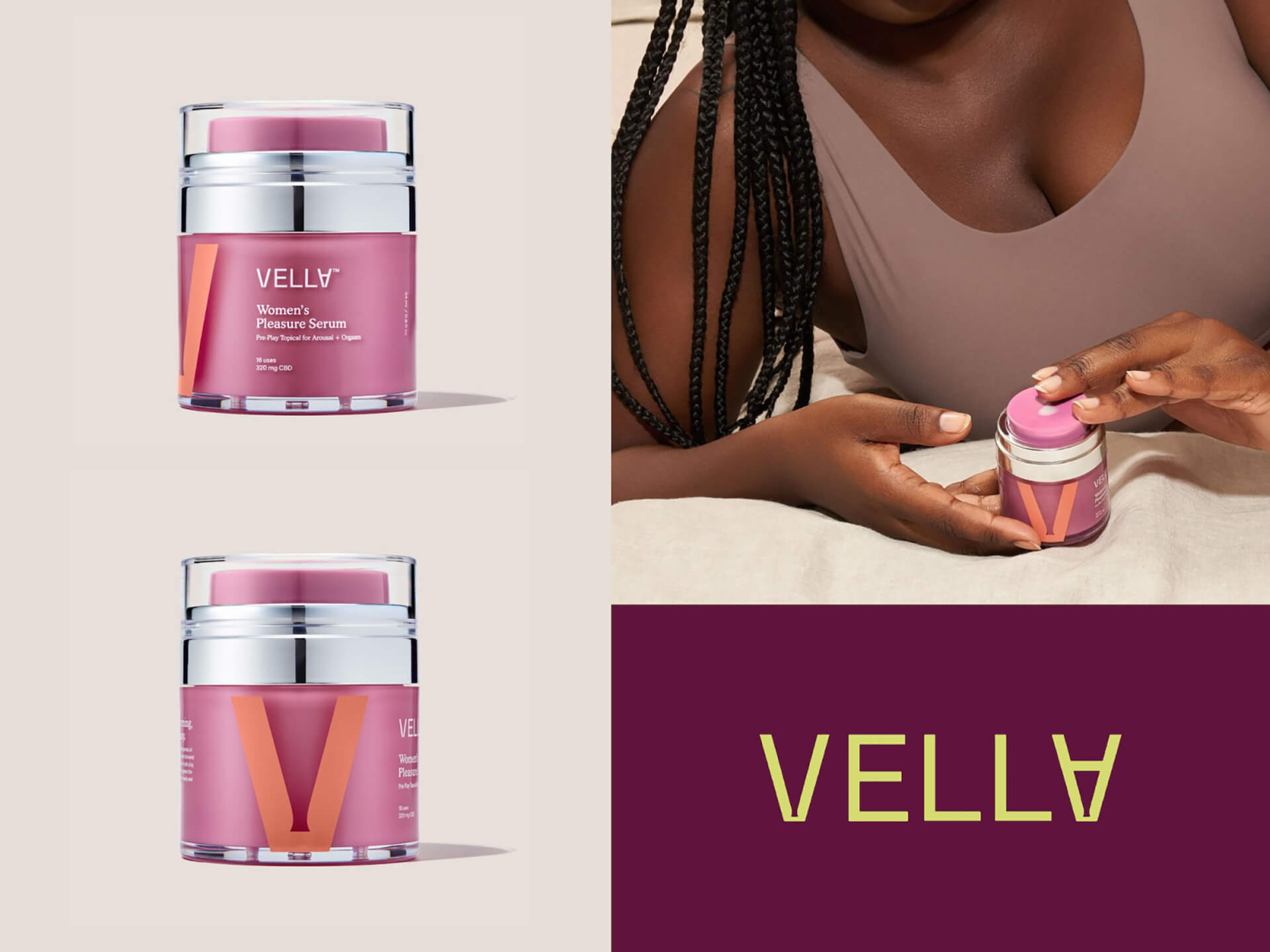 Vella女性愉悅精華素包裝設(shè)計(jì)，化妝品風(fēng)格，突出v字母識(shí)別