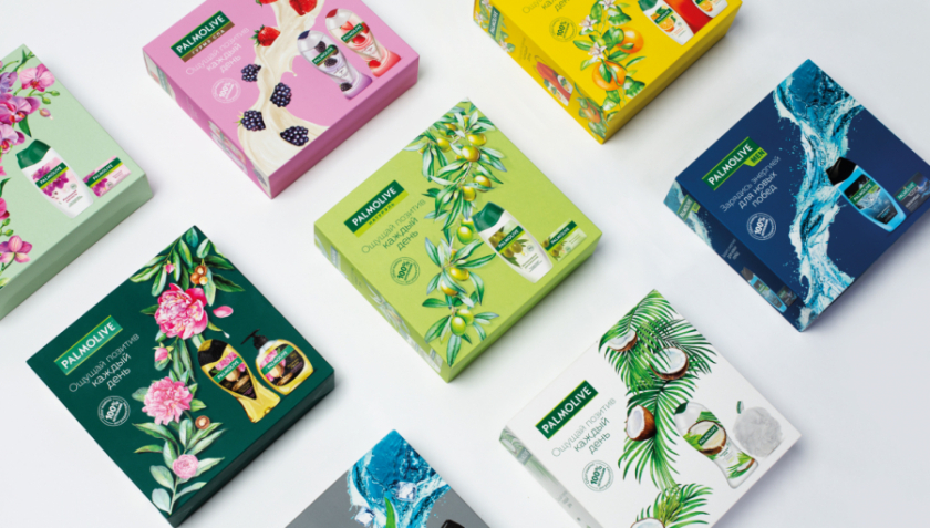 Palmolive 洗護(hù)沐浴露禮品套裝禮盒包裝設(shè)計(jì)，對(duì)角線植物圖案