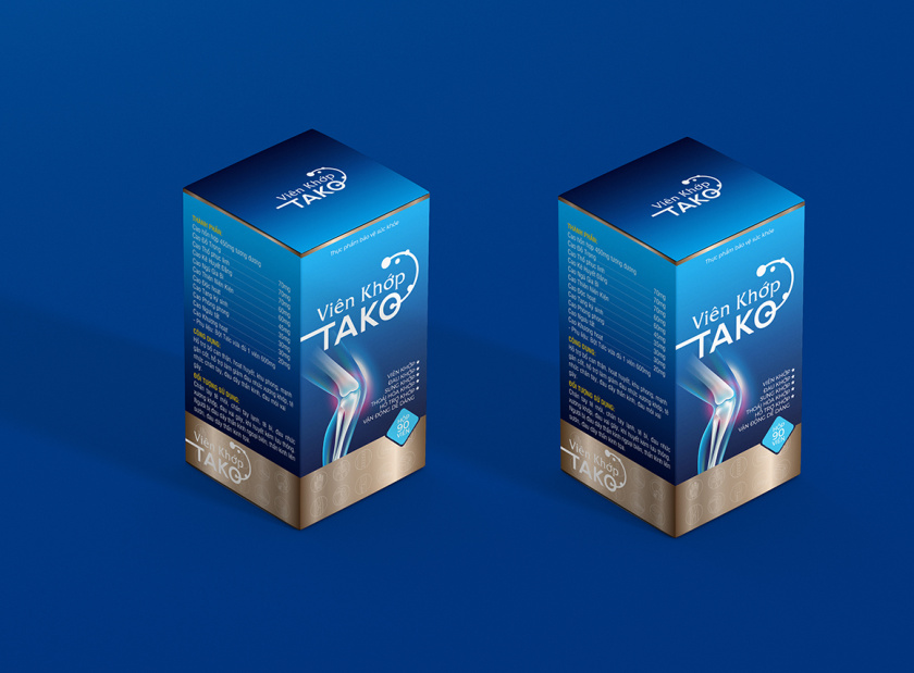 Tako 關(guān)節(jié)補(bǔ)充劑藥品保健品包裝設(shè)計，膝關(guān)節(jié)在藍(lán)色光面紙材料的圖像顯示