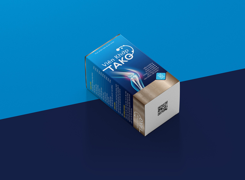 Tako 關(guān)節(jié)補(bǔ)充劑藥品保健品包裝設(shè)計，膝關(guān)節(jié)在藍(lán)色光面紙材料的圖像顯示