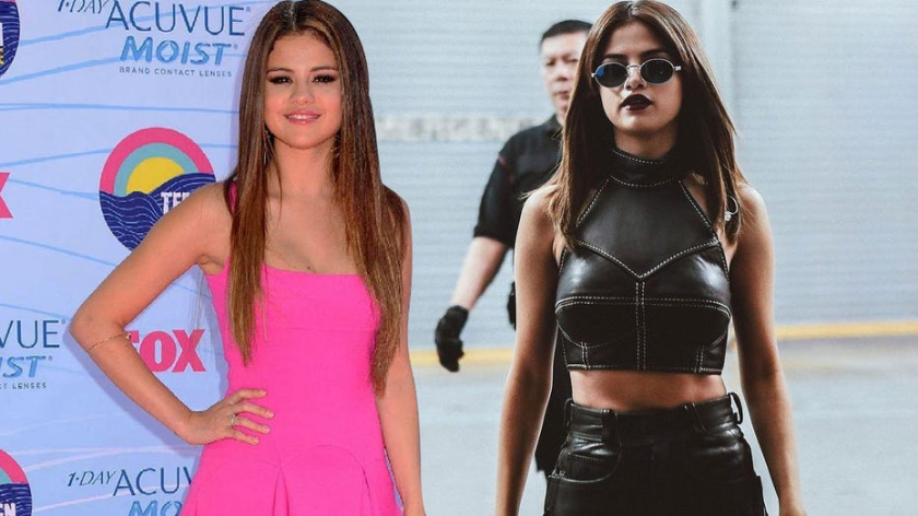 圖：Selena Gomez 并排的兩張照片，一張粉紅色，一張黑色