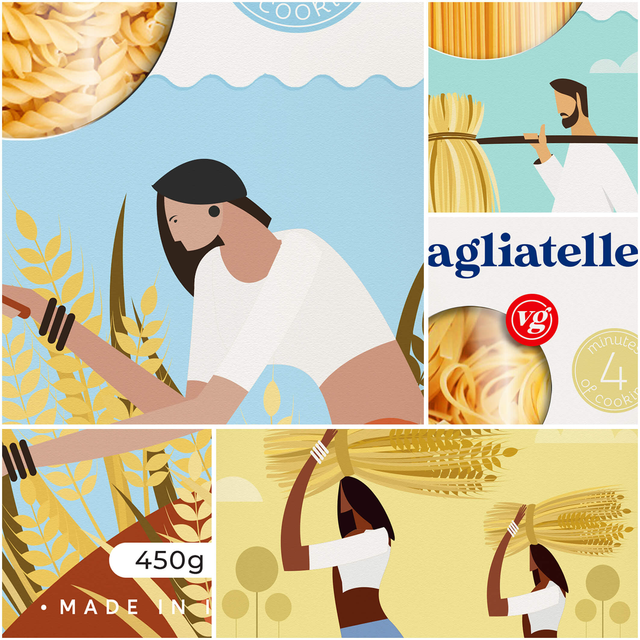 VG PASTA（意大利面）面條面皮面食包裝設(shè)計，農(nóng)民耕種插畫