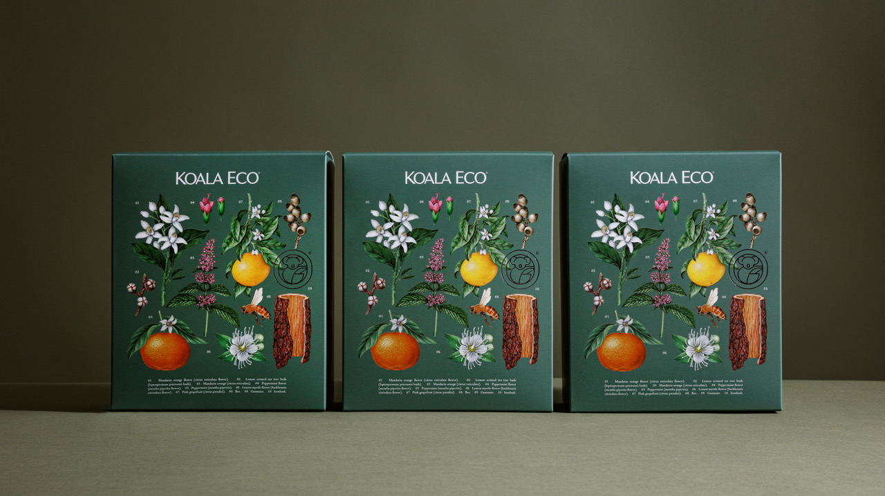 koala 植物精油綠色禮盒包裝設(shè)計，自然精致的植物花卉昆蟲插畫