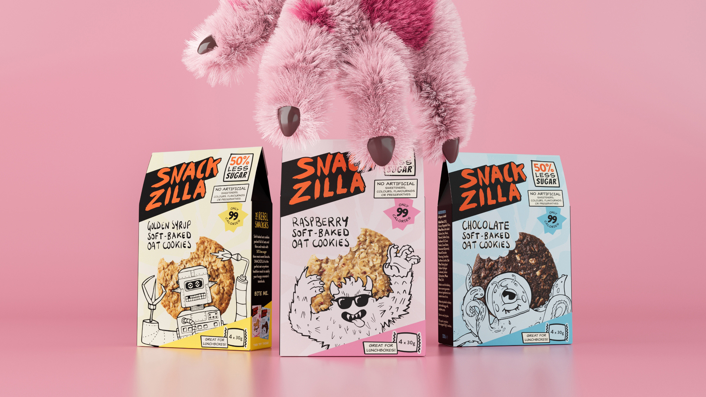 Snackzilla 燕麥餅干兒童低糖零食包裝設(shè)計,夸張的動物線條插畫 Snackzilla 燕麥餅干兒童低糖零食包裝設(shè)計,夸張的動物線條插畫