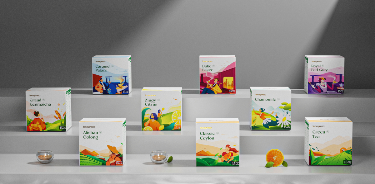 Teaepresso 袋泡茶茶葉包裝設(shè)計”茶園與飲茶插畫''''''''