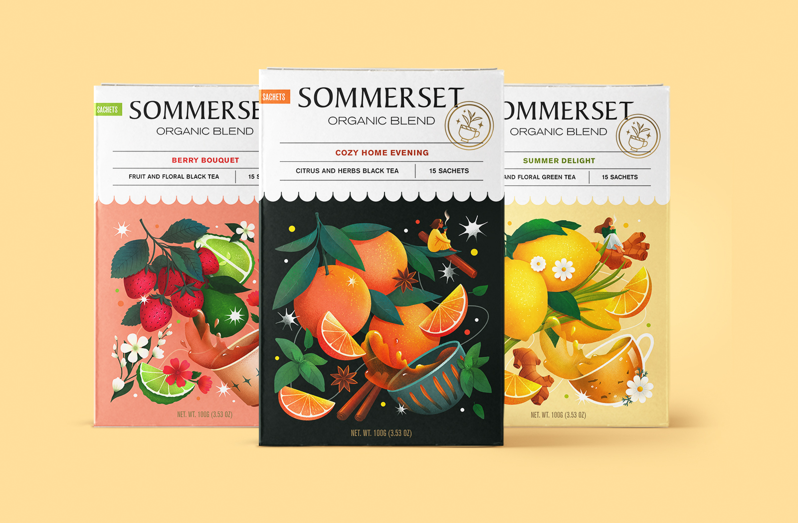 Sommerse有機(jī)水果茶花茶混合茶包裝設(shè)計(jì)，充滿食欲的立體感插畫