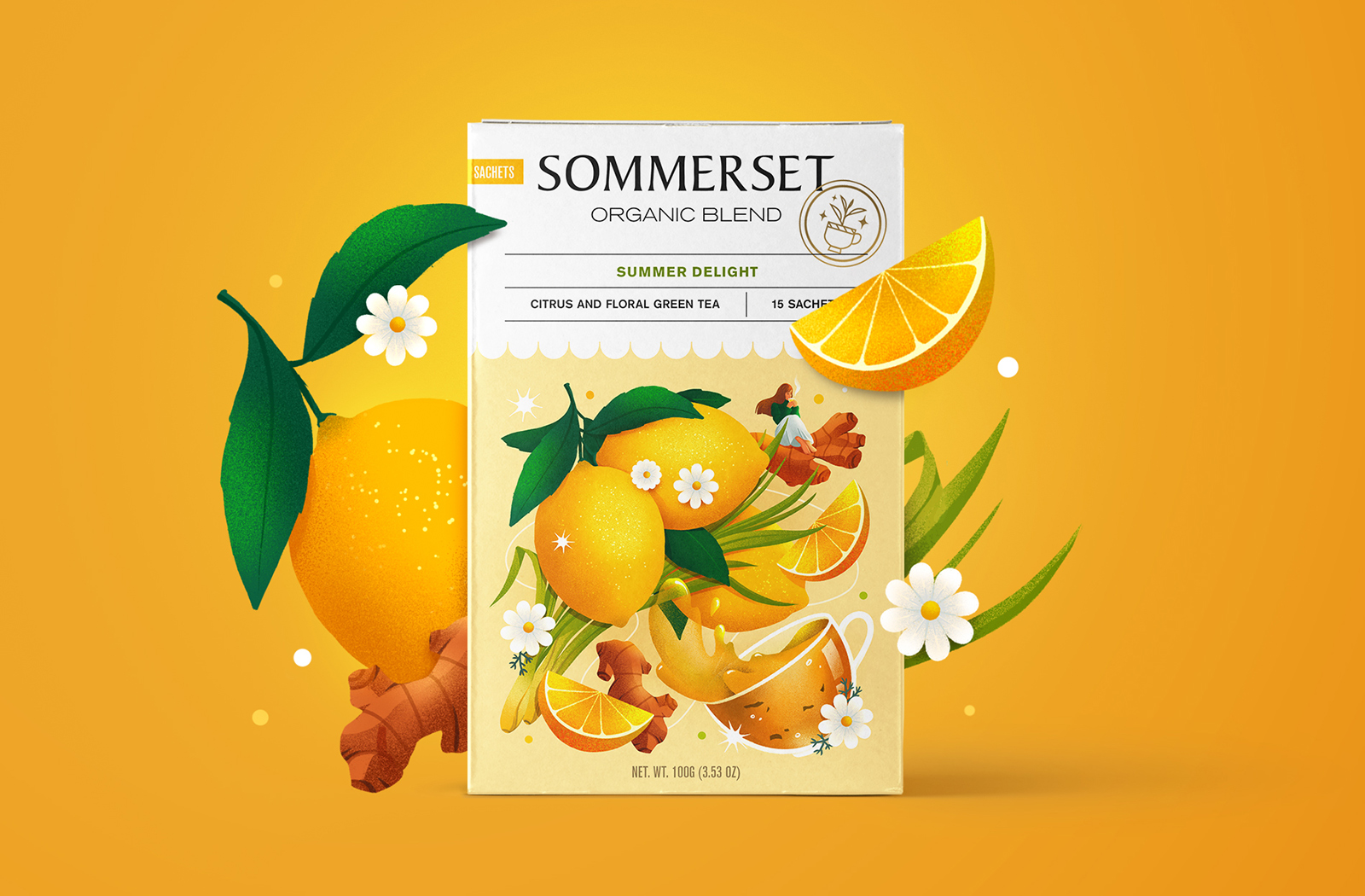 Sommerse有機(jī)水果茶花茶混合茶包裝設(shè)計(jì)，充滿食欲的立體感插畫