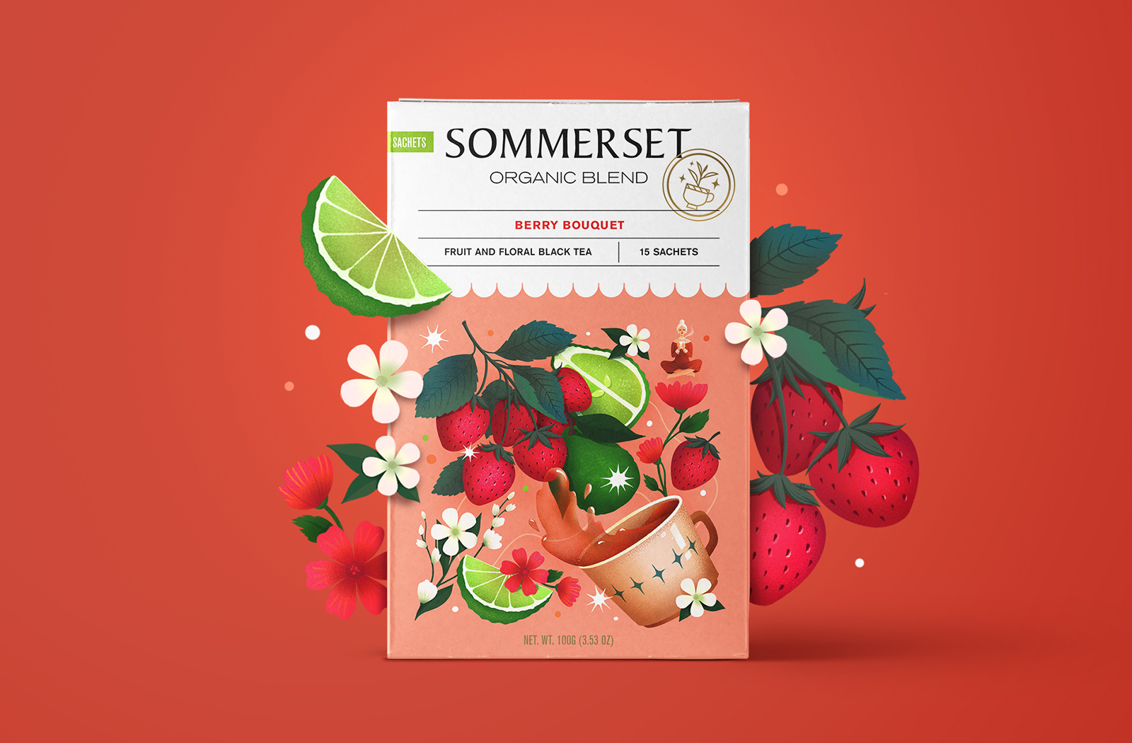 Sommerse有機(jī)水果茶花茶混合茶包裝設(shè)計(jì)，充滿食欲的立體感插畫