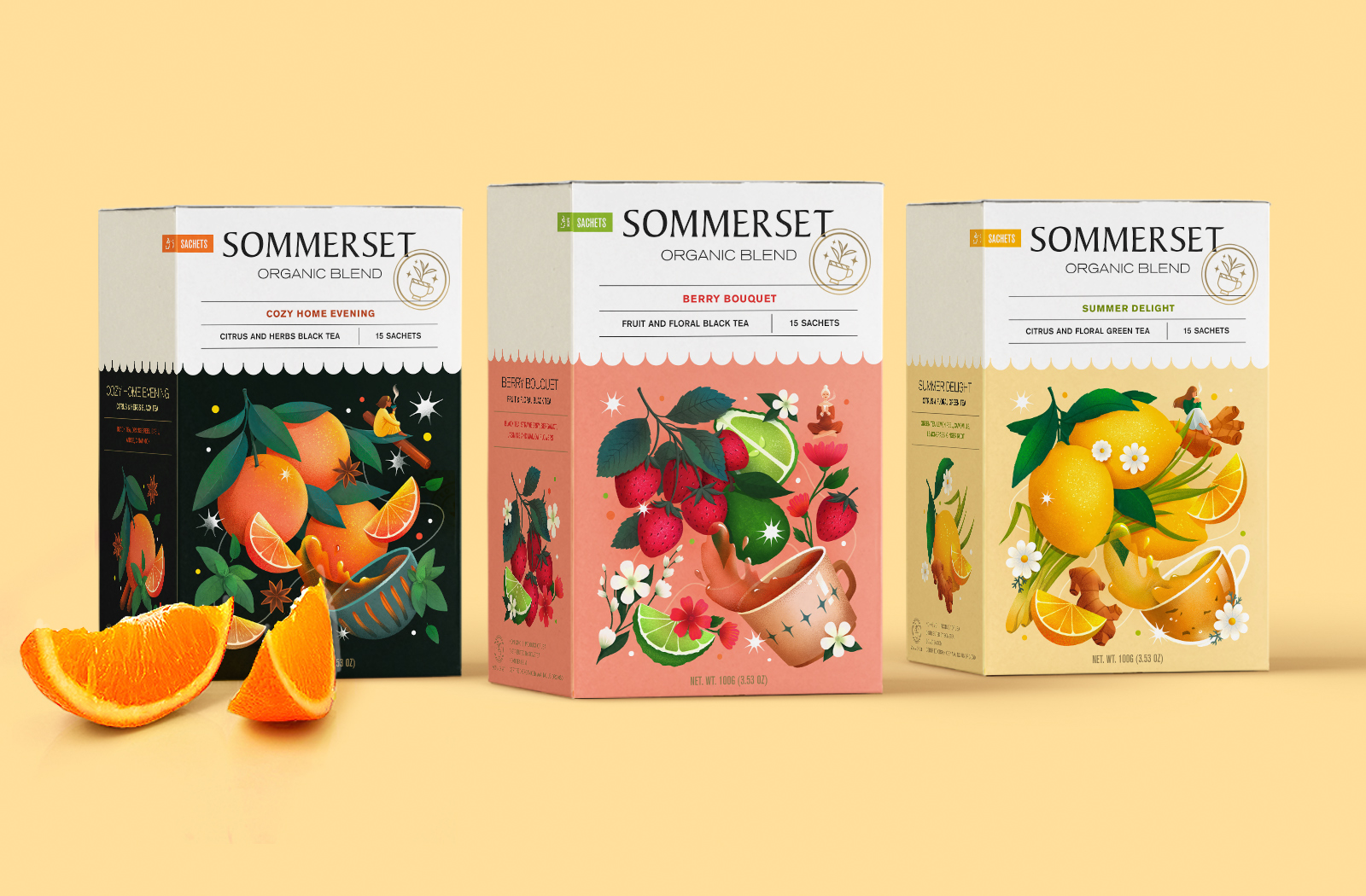 Sommerse有機(jī)水果茶花茶混合茶包裝設(shè)計(jì)，充滿食欲的立體感插畫