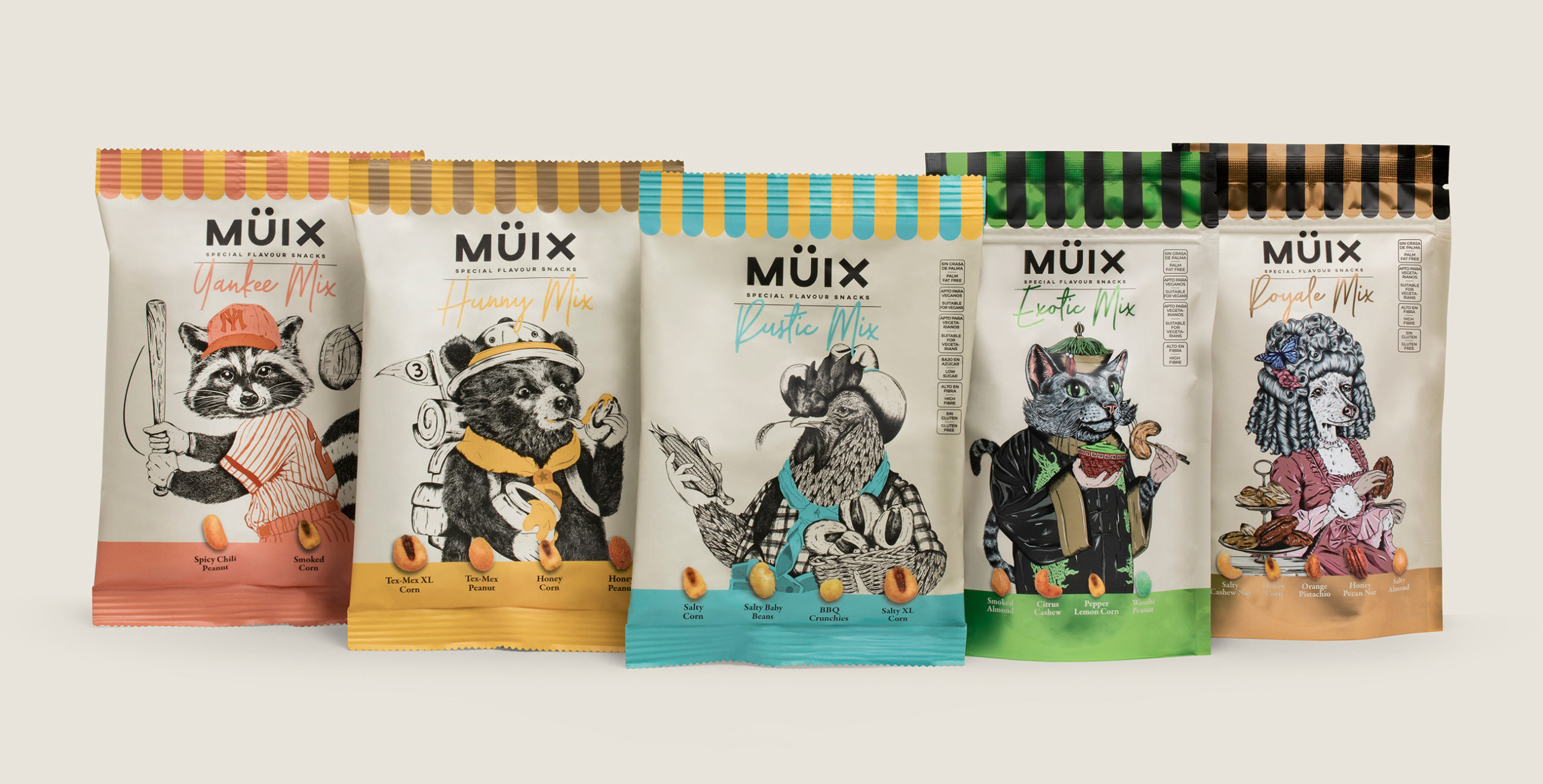 Müix混合口味堅(jiān)果食品包裝設(shè)計(jì)“動(dòng)物擬人”插畫 Müix混合口味堅(jiān)果食品包裝設(shè)計(jì)“動(dòng)物擬人”插畫
