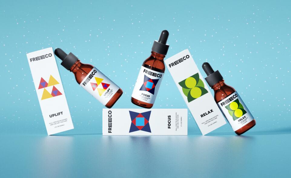 freeco天然大麻提取物滴劑藥品包裝設(shè)計(jì)，抽象幾何圖案組合