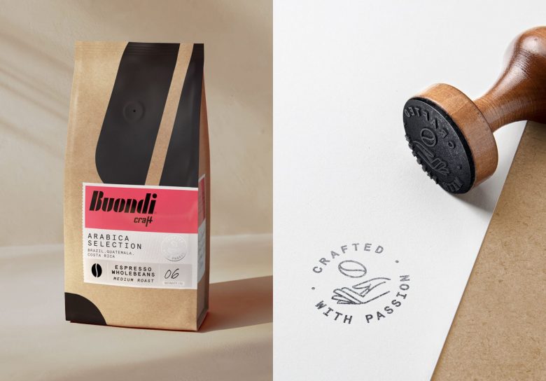 Buondi 咖啡標(biāo)簽貼紙包裝設(shè)計(jì)與字母中間切開標(biāo)志設(shè)計(jì) Buondi 咖啡標(biāo)簽貼紙包裝設(shè)計(jì)與字母中間切開標(biāo)志設(shè)計(jì)