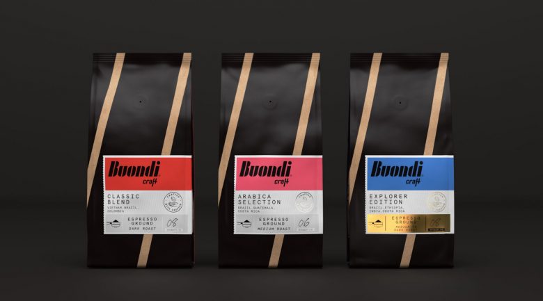 Buondi 咖啡標(biāo)簽貼紙包裝設(shè)計(jì)與字母中間切開標(biāo)志設(shè)計(jì) Buondi 咖啡標(biāo)簽貼紙包裝設(shè)計(jì)與字母中間切開標(biāo)志設(shè)計(jì)