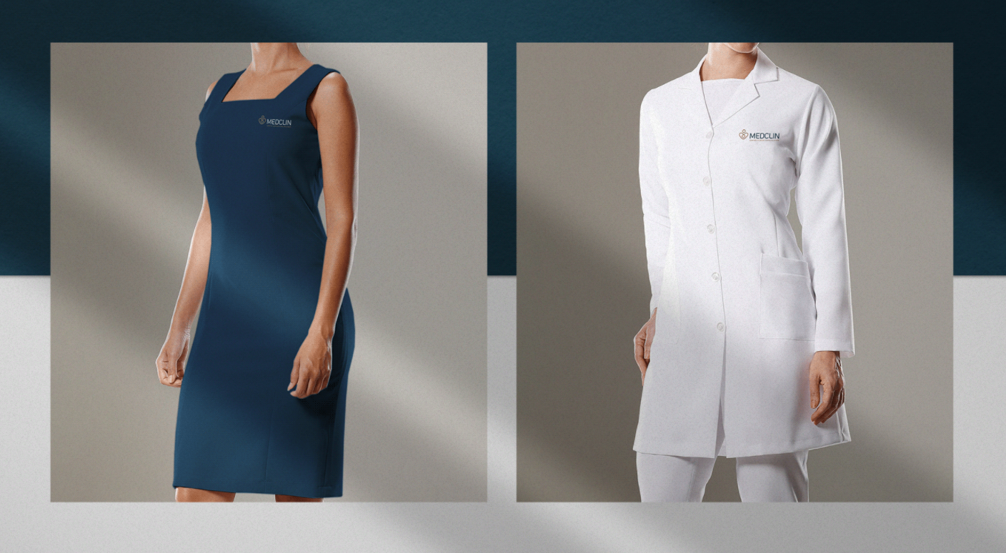 Medclin 高端醫(yī)療體檢醫(yī)院logo設(shè)計(jì)vi設(shè)計(jì)，藍(lán)金尊貴體驗(yàn)氛圍