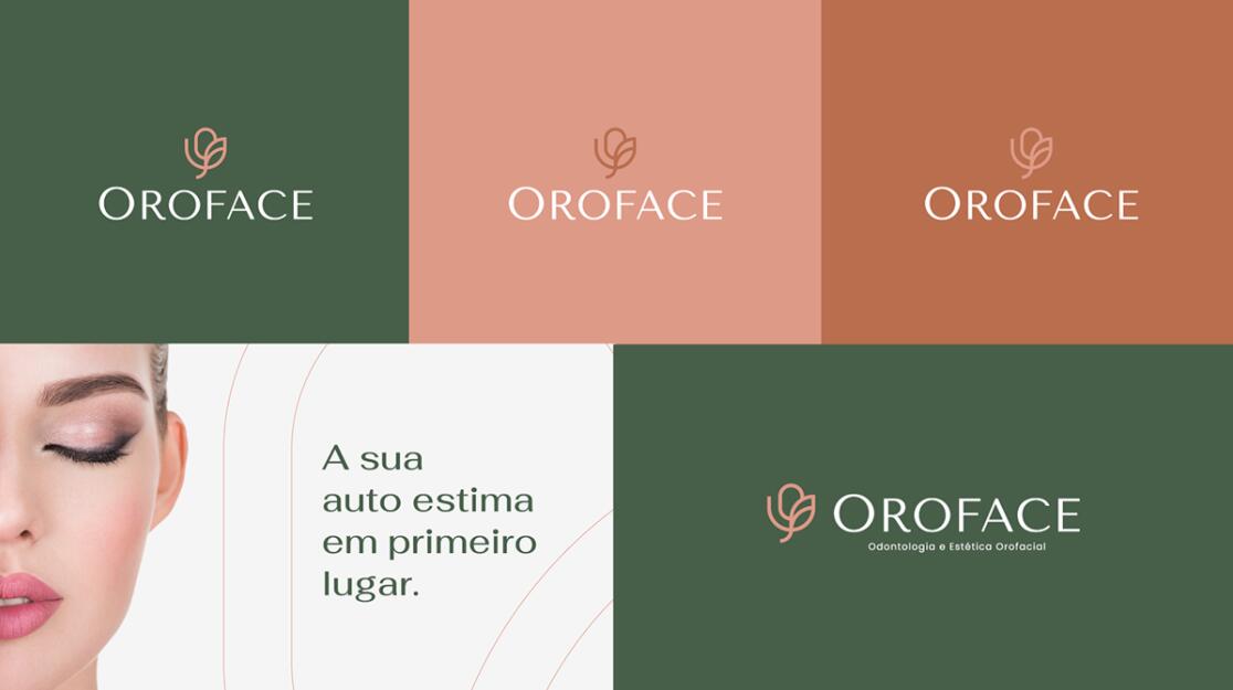 Oroface牙科牙齒矯正與口腔美容診所logo設(shè)計vi設(shè)計，花朵字母logo+粉綠配色