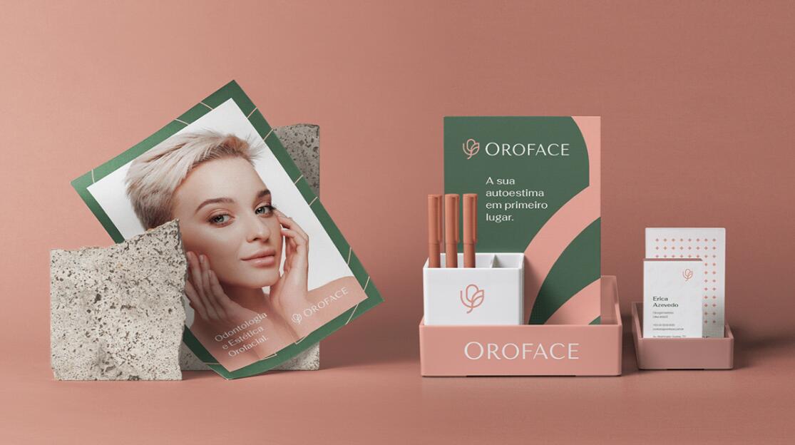 Oroface牙科牙齒矯正與口腔美容醫(yī)療診所logo設(shè)計vi設(shè)計，花朵字母logo+粉綠配色